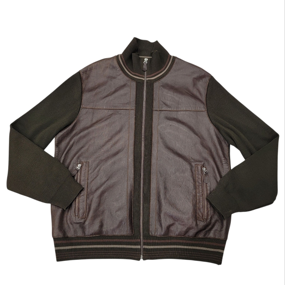 Torras Leather & Knit Bomber Jacket Zip Up Lux Brown Preppy Sweater Men’s L/XL